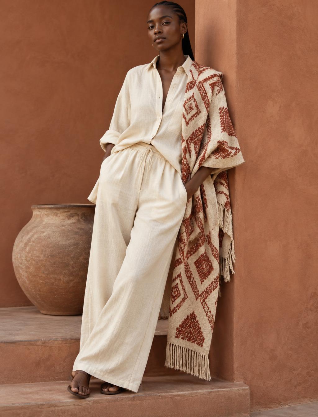 Model in cream linen with a woven Kutunga textile